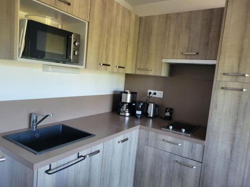 une cuisine avec un évier et un micro-ondes dans l'établissement appartement pont du Gard, Remoulins, à Remoulins