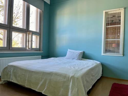 een bed in een blauwe kamer met 2 ramen bij House Of Alchemy in Nummistenkylä