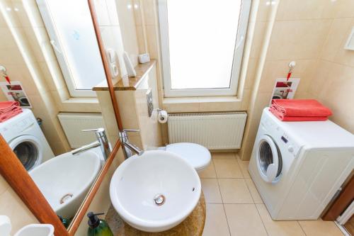 a bathroom with a sink and a washer and dryer at Badepest Apartment Budapest in Budapest