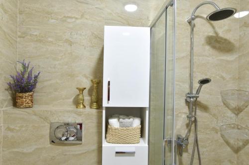 ein Badezimmer mit Dusche mit Glastür in der Unterkunft Dolami residence in Becici