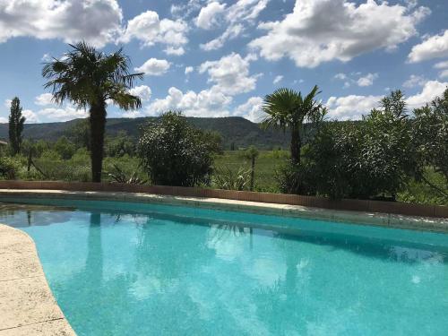 une piscine bleue avec des palmiers en arrière-plan dans l'établissement Chambres d'hôtes, B&B La Musardière, à Alba-la-Romaine