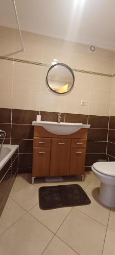 bagno con lavandino, servizi igienici e specchio di Appartement - terrasse - vue mer a Pêra