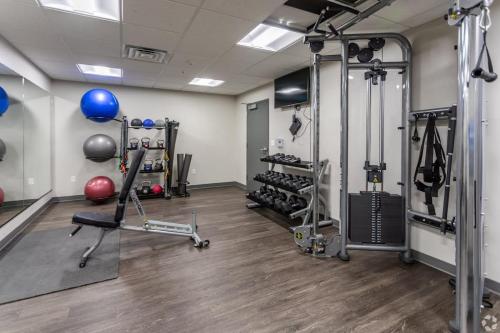 uma sala de fitness com um ginásio com pesos e equipamento em Brand New HUGE Apartment Next To Mayo, Park Free em Rochester