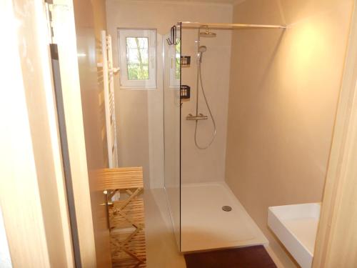 une salle de bain avec une douche avec une porte vitrée dans l'établissement Coeur de Loup, à Sourbrodt