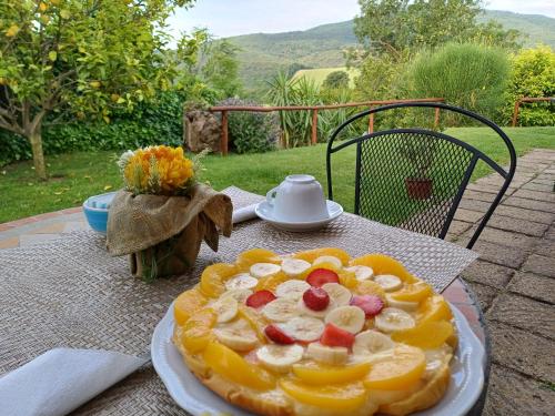 einen Teller mit Obstkuchen auf dem Tisch in der Unterkunft Agriturismo Colleverde Capalbio in Capalbio