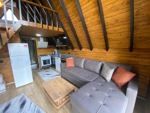 un salon avec un canapé et une cuisine dans l'établissement EYLÜL BUNGALOV, à Aşağıkaraman