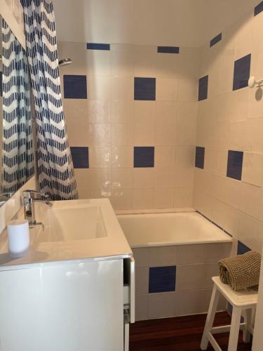 une salle de bain avec un lavabo et une baignoire dans l'établissement Bel Appartement Intra Muros au coeur de SAINT MALO, à Saint-Malo