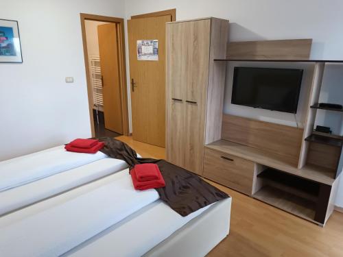 a bedroom with two beds and a flat screen tv at Family Pension in Arad