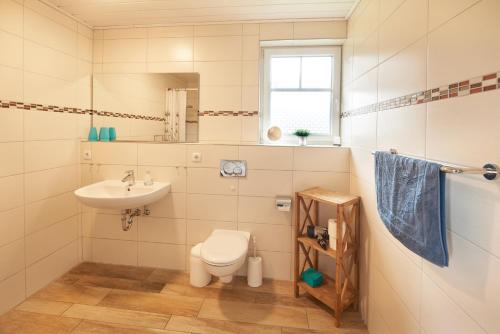 a bathroom with a toilet and a sink at Ferienhaus Eiderblick in Borgstedt