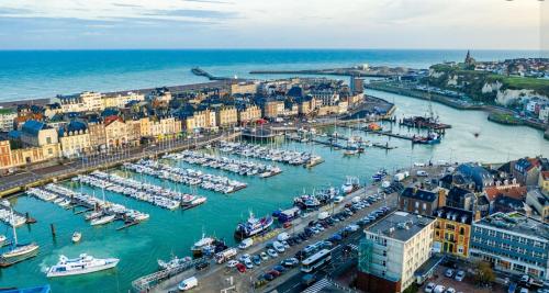 an aerial view of a harbor with boats in the water at Pepita - Appartement détente in Dieppe