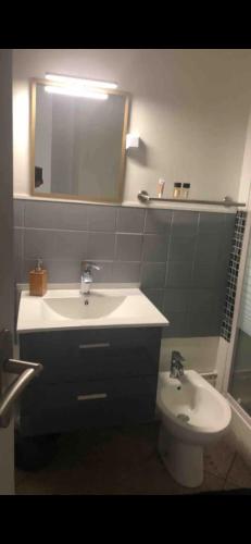 une salle de bain avec un lavabo, des toilettes et un miroir dans l'établissement Appartement T3 à deux pas du metro, à Marseille