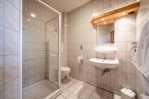 a bathroom with a toilet and a sink and a shower at L' Abbaye in Abondance