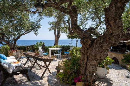 a patio with a table and chairs and a tree at SkyBlue Horizon Studio 1 in Tsilivi