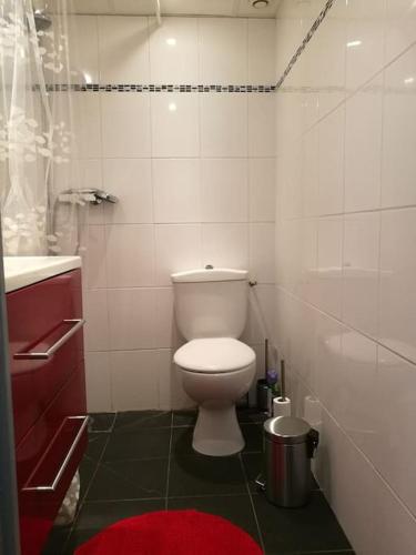 une petite salle de bain avec toilettes et lavabo dans l'établissement Bandol - City Center - Small One Bedroom Flat, à Bandol