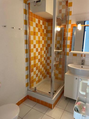 une salle de bain avec douche et lavabo dans l'établissement Esterel Home, à Saint-Raphaël