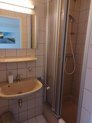 a bathroom with a sink and a shower at Gästehaus Bausch in Mehring