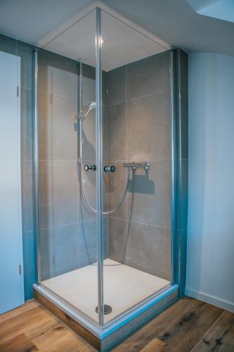 a shower with a glass enclosure in a bathroom at Wohnen auf Zeit in Saarbrücken in Saarbrücken