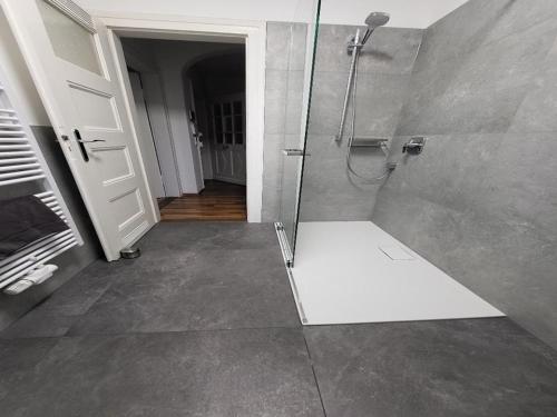 a bathroom with a shower with a glass door at Ferienwohnung Stachel B in Konstanz