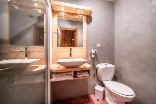 a bathroom with a toilet and a sink and a mirror at L' Abbaye in Abondance