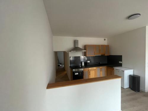 - une cuisine avec des placards en bois et des appareils noirs dans l'établissement Appartement 2 chambres centre-ville, à Lure