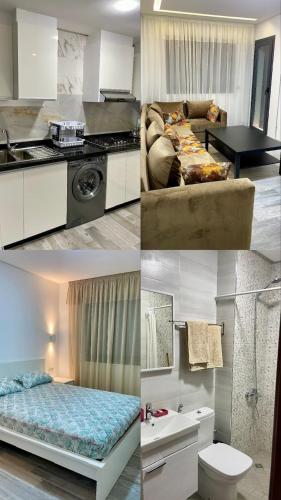 eine Collage mit Fotos von einer Küche und einem Wohnzimmer in der Unterkunft Résidence SARY'S-اقامة ساريس in Mʼdik