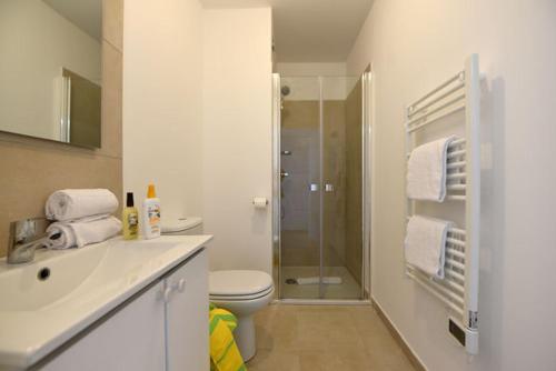 une salle de bain avec toilettes, lavabo et douche dans l'établissement Appartement T3 en Corse, Marina di Bravone N131, à Linguizzetta