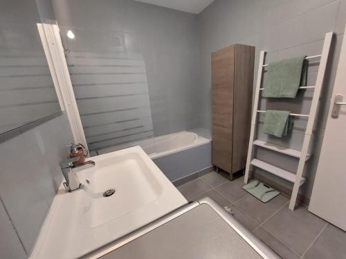 une salle de bain blanche avec un lavabo et une douche dans l'établissement Appartement spacieux et cosy, à Valence