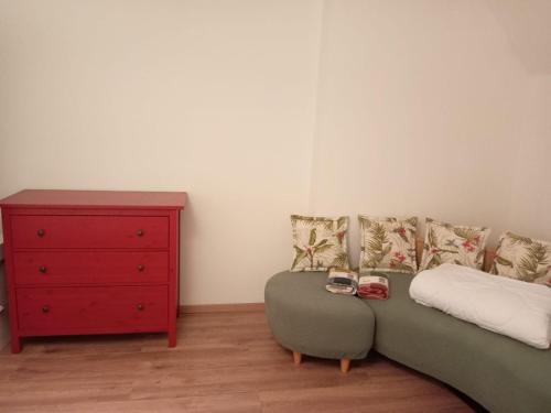 sala de estar con sofá verde y cómoda roja en Hostel Alegria-Jumbo en Erlangen
