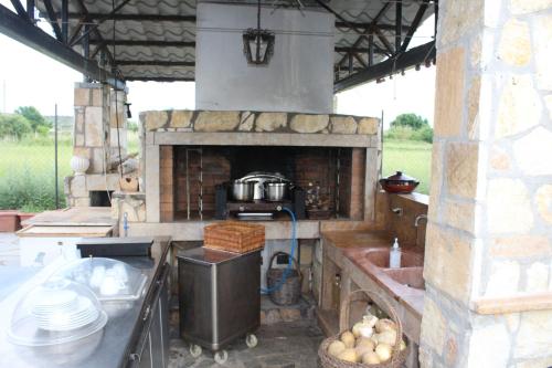 eine Küche mit einem Steinofen und einem Herd in der Unterkunft Country House in Paralia Dionisiou