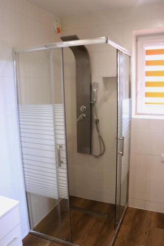 a shower with a glass door in a bathroom at Apartamenty Zator Energy Rest in Zator