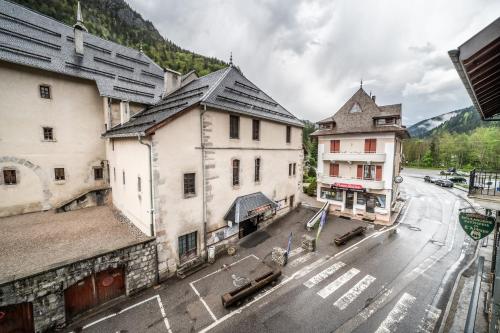 a view of a street in a town with buildings at L' Abbaye in Abondance