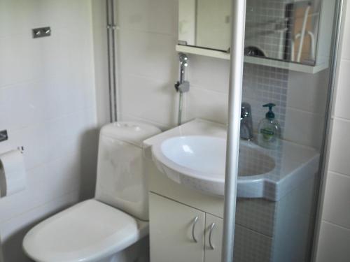 a small bathroom with a toilet and a sink at Cozy two-room condo with private balcony in Helsinki