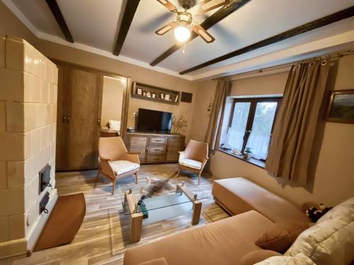 a living room with a couch and a tv at Búj-Lak Vendégház in Zalaszentmárton