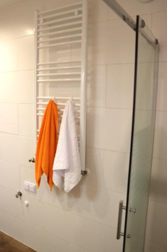 a bathroom with an orange towel and a shower at Apartamenty Zator Energy Rest in Zator