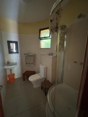 uma casa de banho com um WC, um chuveiro e um lavatório. em Joe's poolhouse em Mombaça