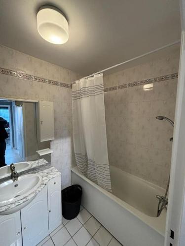 une salle de bain avec un lavabo, une baignoire et une douche dans l'établissement 1 chambre proche du centre-ville, à Douai