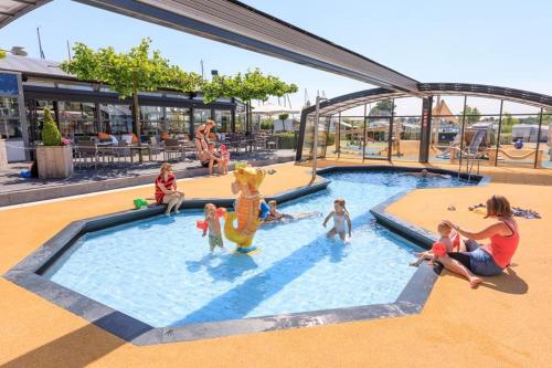 un grupo de niños jugando en una piscina en un parque infantil en Chalet op 5* camping de Paardekreek en Kortgene