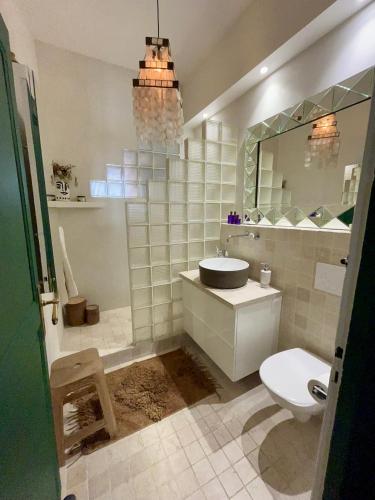 une salle de bain avec toilettes, lavabo et miroir dans l'établissement Grand appartement port de Nice, à Nice
