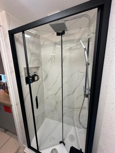 um chuveiro com uma porta de vidro na casa de banho em 116 maison dieu Road room B in Dover em Dover