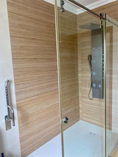 a shower with a glass door in a bathroom at Hotel Neptuno in Peniche