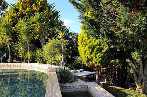 un jardin avec une piscine, un banc et des arbres dans l'établissement Salgadinho Casa de Campo & Selao da Eira Velha, à São Teotónio