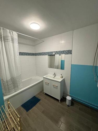 une salle de bain avec une baignoire, un lavabo et une douche dans l'établissement T3 de charme proche du centre, à Douai