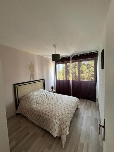 une chambre avec un lit et une grande fenêtre dans l'établissement T3 de charme proche du centre, à Douai