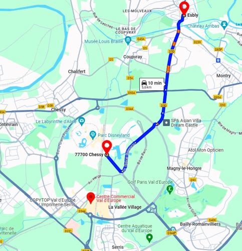 a map of a road with red dots at Disney 'Xperience - Parc 10 min - 3pers in Esbly