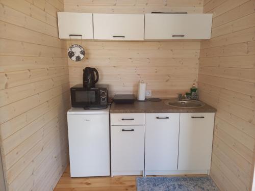 a small kitchen with a sink and a microwave at Namelis Drevernoje 2 in Dreverna