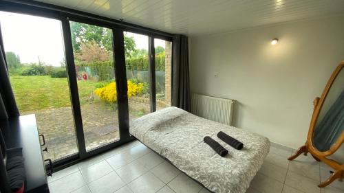 een kamer met een bank en een groot raam bij Les Landes avec Terrasse et Jardin in Heuringhem