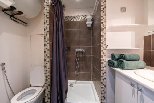une salle de bain avec une douche avec des toilettes et un lavabo dans l'établissement Grand studio cabine lumineux à 800m de la mer, à La Croix-Valmer