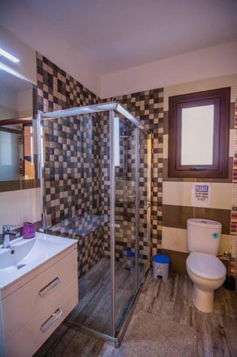 a bathroom with a shower and a toilet and a sink at GEORGIA BEACH VILLA in Argaka