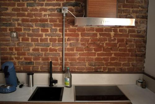 a kitchen counter with a sink and a brick wall at Het Bosnest, een vakantiewoning aan het Hallerbos in Halle