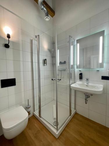 a bathroom with a shower and a toilet and a sink at Hopfenhotel am Adenauerufer in Bamberg